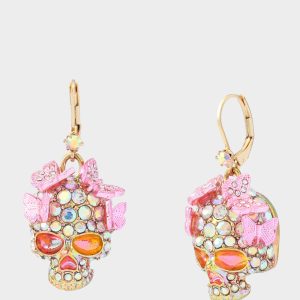 BUTTERFLY SKULL LEVER BACK EARRING PINK